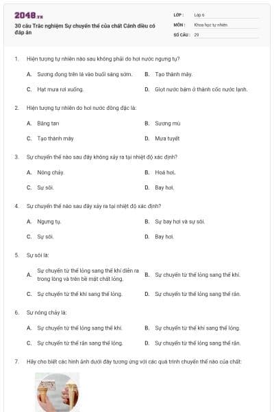 30 câu Trắc nghiệm Sự chuyển thể của chất Cánh diều có đáp án