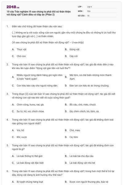 10 câu Trắc nghiệm Vì sao chúng ta phải đối xử thân thiện với động vật? Cánh diều có đáp án (Phần 2)