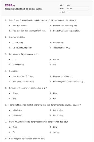 Trắc nghiệm Sinh Học 6 Bài 29: Các loại hoa