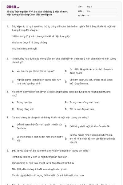 10 câu Trắc nghiệm Viết bài văn trình bày ý kiến về một hiện tượng đời sống Cánh diều có đáp án