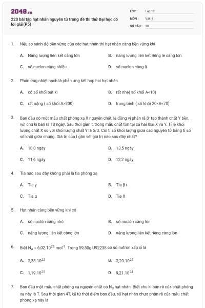 220 bài tập hạt nhân nguyên tử trong đề thi thử Đại học có lời giải(P5)