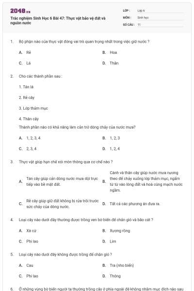 Trắc nghiệm Sinh Học 6 Bài 47: Thực vật bảo vệ đất và nguồn nước