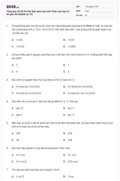Tổng hợp 20 đề thi thử thpt quốc gia môn Toán cực hay có lời giải chi tiết(Đề số 15)