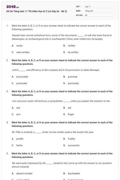 Đề thi Tiếng Anh 11 Thí điểm Học kì 2 (có đáp án - Đề 2)