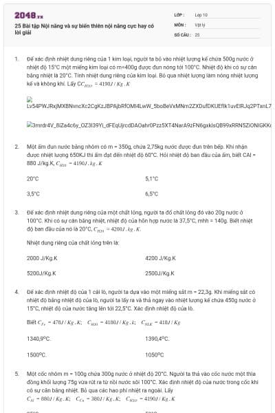 25 Bài tập Nội năng và sự biến thiên nội năng cực hay có lời giải