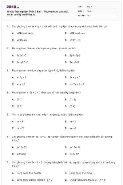 19 câu Trắc nghiệm Toán 9 Bài 1: Phương trình bậc nhất hai ẩn có đáp án (Phần 2)