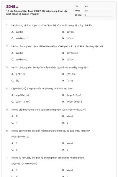 10 câu Trắc nghiệm Toán 9 Bài 2: Hệ hai phương trình bậc nhất hai ẩn có đáp án (Phần 2)