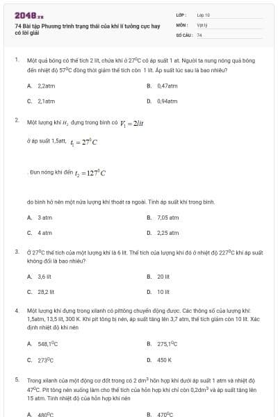 74 Bài tập Phương trình trạng thái của khí lí tưởng cực hay có lời giải