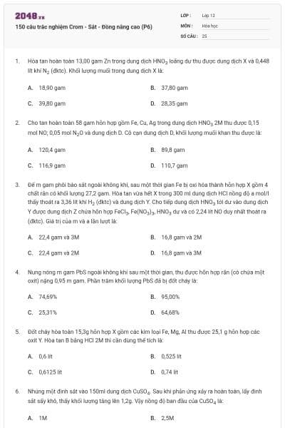 150 câu trắc nghiệm Crom - Sắt - Đồng nâng cao (P6)