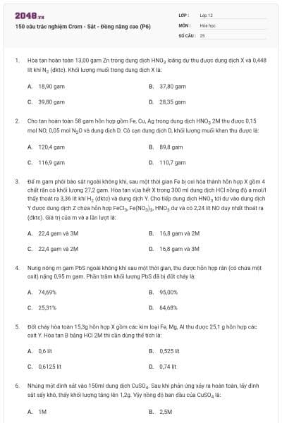 150 câu trắc nghiệm Crom - Sắt - Đồng nâng cao (P6)