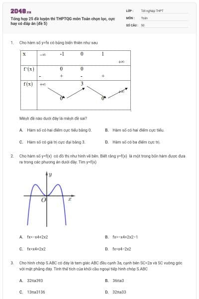 Tổng hợp 25 đề luyện thi THPTQG môn Toán chọn lọc, cực hay có đáp án (đề 5)