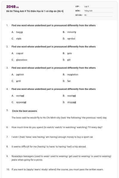 Đề thi Tiếng Anh 9 Thí điểm Học kì 1 có đáp án (Đề 4)
