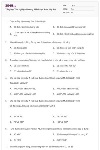 Tổng hợp Trắc nghiệm Chương 3 Hình học 9 (có đáp án)