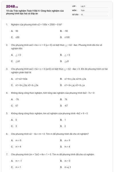10 câu Trắc nghiệm Toán 9 Bài 4: Công thức nghiệm của phương trình bậc hai có đáp án