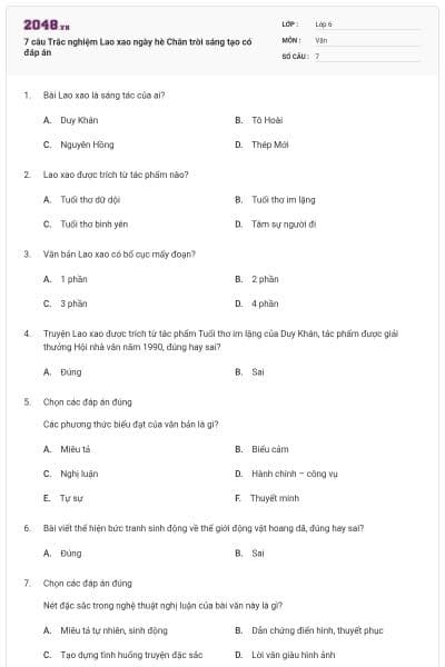 7 câu Trắc nghiệm Lao xao ngày hè Chân trời sáng tạo có đáp án