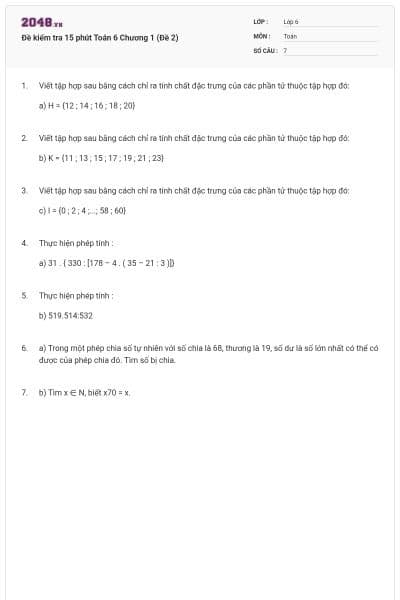 Đề kiểm tra 15 phút Toán 6 Chương 1 (Đề 2)