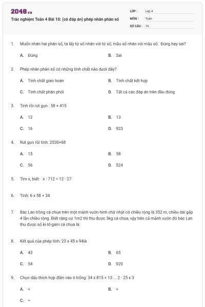 Trắc nghiệm Toán 4 Bài 10: (có đáp án) phép nhân phân số