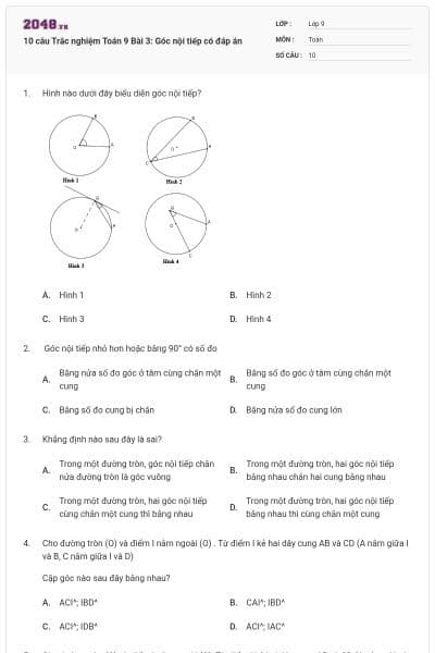 10 câu Trắc nghiệm Toán 9 Bài 3: Góc nội tiếp có đáp án