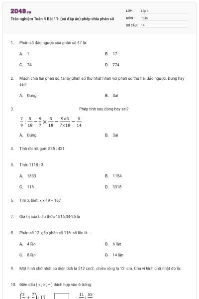Trắc nghiệm Toán 4 Bài 11: (có đáp án) phép chia phân số