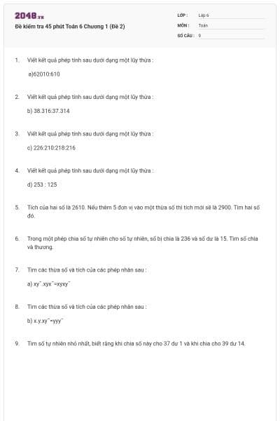 Đề kiểm tra 45 phút Toán 6 Chương 1 (Đề 2)