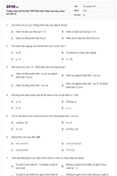 Tuyển chọn đề thi thử THPTQG môn Toán cực hay, chọn lọc (đề 2)