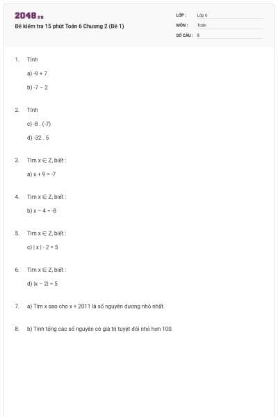 Đề kiểm tra 15 phút Toán 6 Chương 2 (Đề 1)