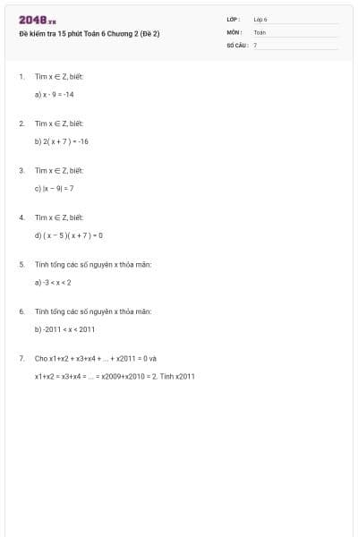 Đề kiểm tra 15 phút Toán 6 Chương 2 (Đề 2)