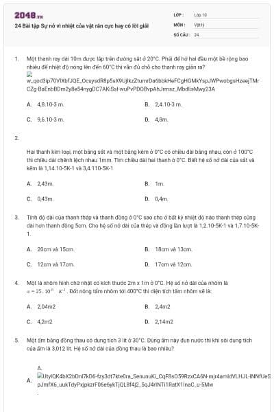 24 Bài tập Sự nở vì nhiệt của vật rắn cực hay có lời giải