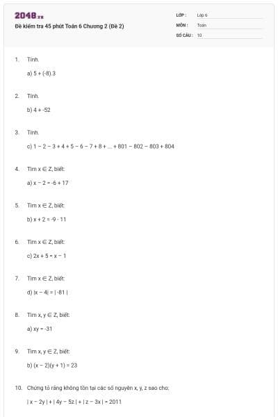 Đề kiểm tra 45 phút Toán 6 Chương 2 (Đề 2)