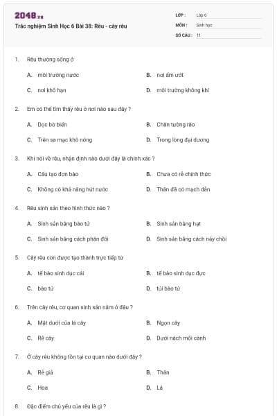 Trắc nghiệm Sinh Học 6 Bài 38: Rêu - cây rêu