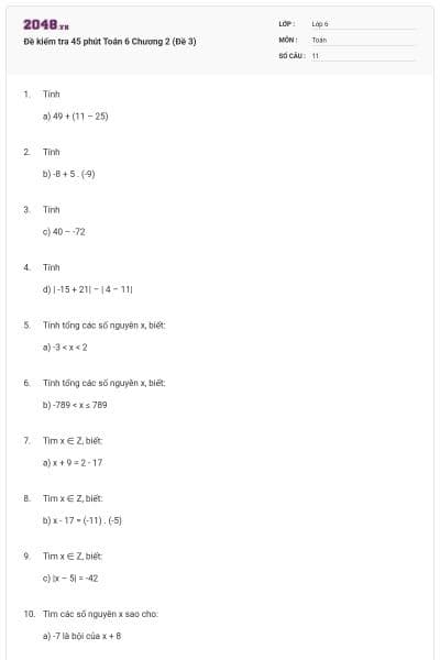 Đề kiểm tra 45 phút Toán 6 Chương 2 (Đề 3)