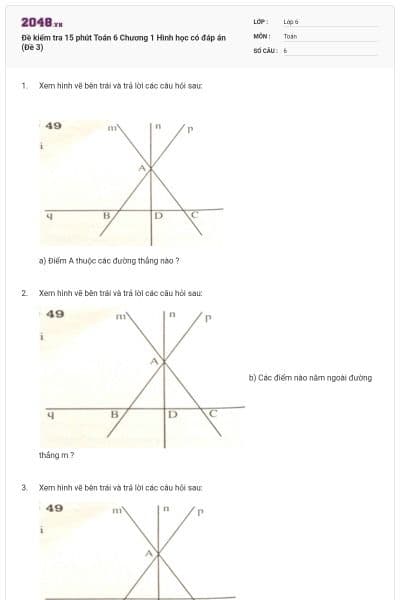 Đề kiểm tra 15 phút Toán 6 Chương 1 Hình học có đáp án (Đề 3)