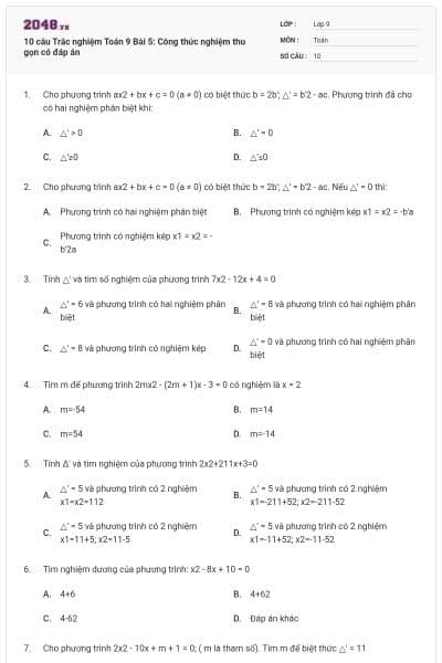 10 câu Trắc nghiệm Toán 9 Bài 5: Công thức nghiệm thu gọn có đáp án