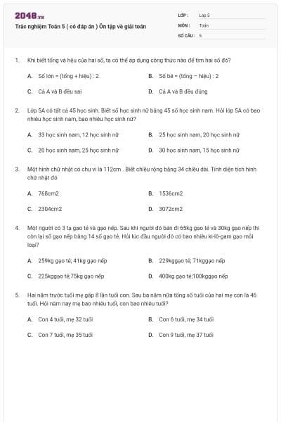 Trắc nghiệm Toán 5 ( có đáp án ) Ôn tập về giải toán