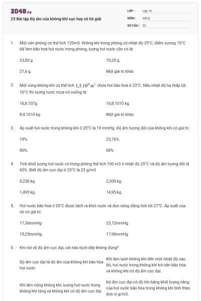 23 Bài tập Độ ẩm của không khí cực hay có lời giải