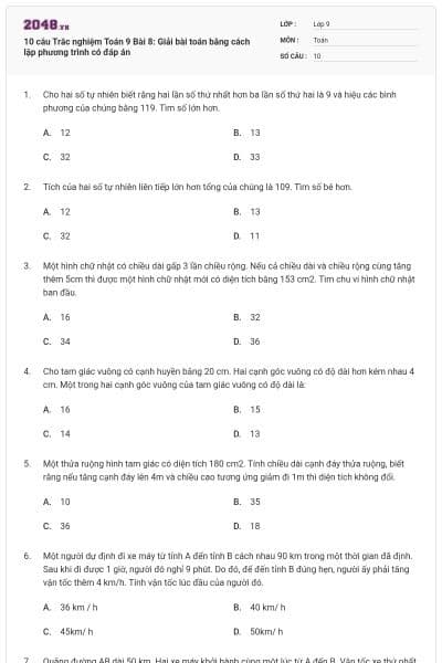 10 câu Trắc nghiệm Toán 9 Bài 8: Giải bài toán bằng cách lập phương trình có đáp án