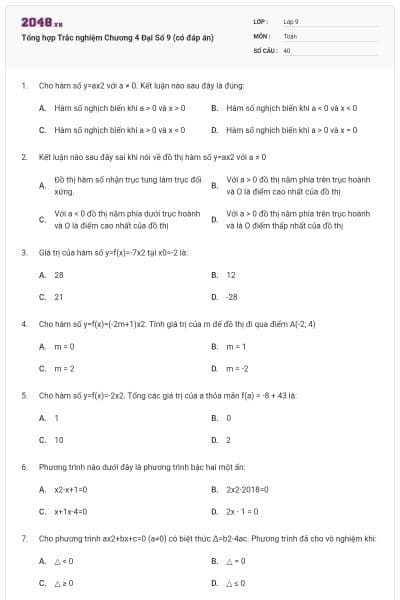 Tổng hợp Trắc nghiệm Chương 4 Đại Số 9 (có đáp án)