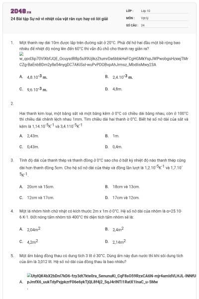 24 Bài tập Sự nở vì nhiệt của vật rắn cực hay có lời giải