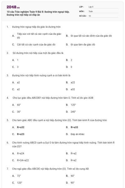 10 câu Trắc nghiệm Toán 9 Bài 8: Đường tròn ngoại tiếp. Đường tròn nội tiếp có đáp án
