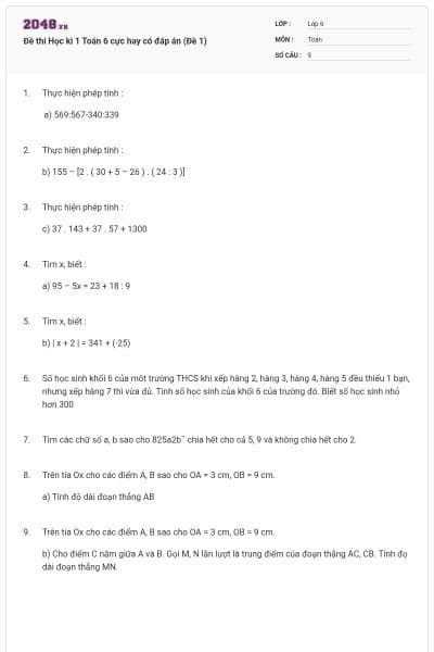 Đề thi Học kì 1 Toán 6 cực hay có đáp án (Đề 1)