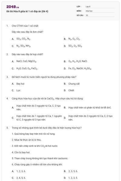 Đề thi Hóa 8 giữa kì 1 có đáp án (Đề 4)