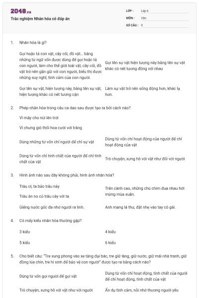 Trắc nghiệm Nhân hóa có đáp án