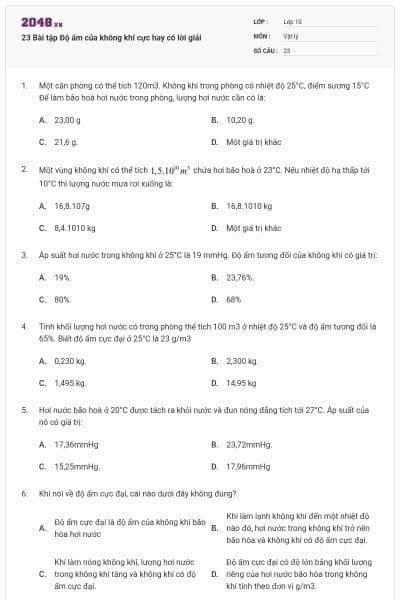 23 Bài tập Độ ẩm của không khí cực hay có lời giải