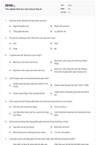 Trắc nghiệm Buổi học cuối cùng có đáp án