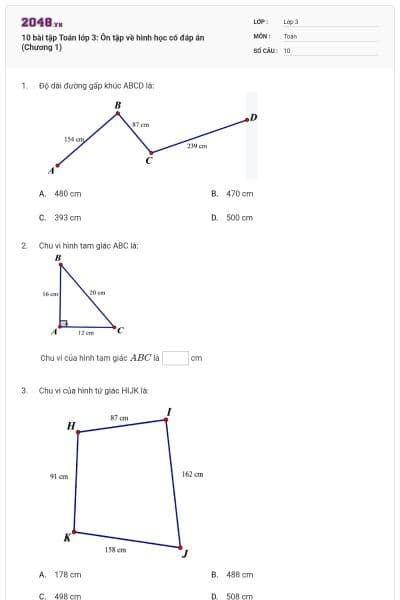 10 bài tập Toán lớp 3: Ôn tập về hình học có đáp án (Chương 1)