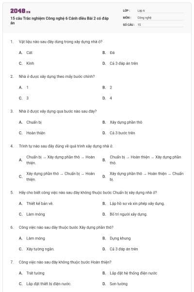 15 câu Trắc nghiệm Công nghệ 6 Cánh diều Bài 2 có đáp án