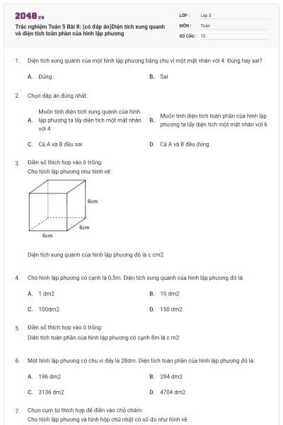 Trắc nghiệm Toán 5 Bài 8: (có đáp án)Diện tích xung quanh và diện tích toàn phần của hình lập phương