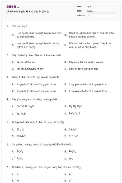 Đề thi Hóa 8 giữa kì 1 có đáp án (Đề 2)