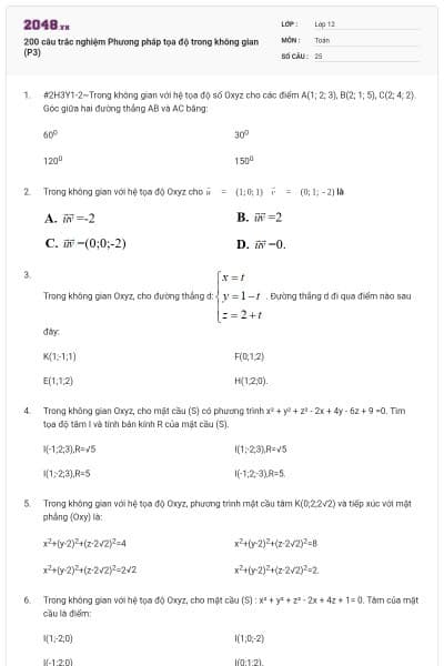 200 câu trắc nghiệm Phương pháp tọa độ trong không gian (P3)