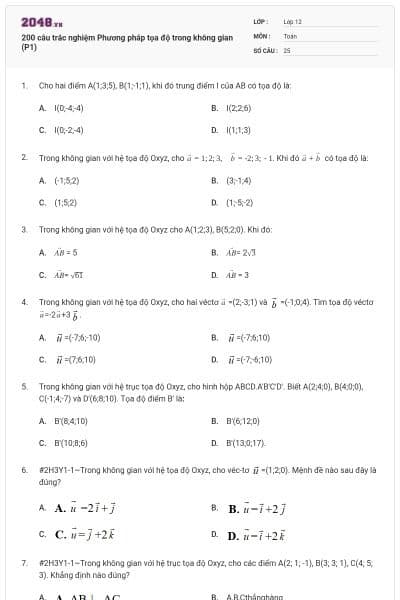 200 câu trắc nghiệm Phương pháp tọa độ trong không gian (P1)